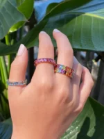 18K Solid Gold Rainbow Emerald Cut Eternity Band - 图片 2