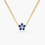 18k Solid Gold Sapphire and Diamond Flower Charm Necklace - 图片 3