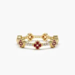 18K Solid Gold Full Eternity Clover Ruby and Diamond Ring - 图片 3