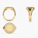 18k Gold Natural Diamond Round Signet Ring - 图片 2
