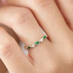 14K Solid Gold  Marquise Emerald and Diamond Wedding Band - Image 7