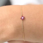 14K Solid Gold Ruby and Diamond Flower Charm Bracelet - 图片 4