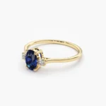 14K Solid Gold Oval Shape Blue Sapphire and Diamond 3 Stone Ring - 图片 5