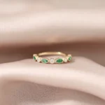 14K Solid Gold  Marquise Emerald and Diamond Wedding Band - Image 5