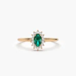 18K Solid Gold Emerald with Halo Diamonds Ring - 图片 7