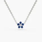 18k Solid Gold Sapphire and Diamond Flower Charm Necklace - 图片 4