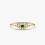 14K Solid Gold Diamond and Emerald Evil Eye Ring