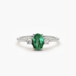 18K Solid Gold Oval Shape Emerald and Diamond 3 Stone Ring - 图片 5