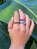 14K Solid Gold Green Sapphire Emerald Cut Eternity Band - 图片 3