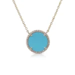 18k Solid Gold Turquoise And Diamond Round Necklace