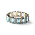 18K Solid Gold Aquamarine And Diamond Emerald Cut Eternity Band