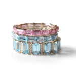 18K Solid Gold Aquamarine And Diamond Emerald Cut Eternity Band - Image 5