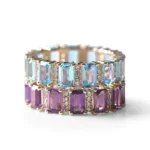 18K Solid Gold Aquamarine And Diamond Emerald Cut Eternity Band - Image 3