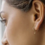 14K Solid Gold Hoop with Dangling Diamond - Image 3