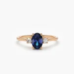 14K Solid Gold Oval Shape Blue Sapphire and Diamond 3 Stone Ring - 图片 4