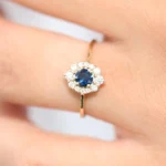 18k Solid Round Sapphire Halo Diamond Engagement Ring - Image 8