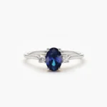 14K Solid Gold Oval Shape Blue Sapphire and Diamond 3 Stone Ring - 图片 3