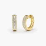 18k Solid Gold Pave Moissanite Diamond and Baguette Hoop Earrings - Image 4