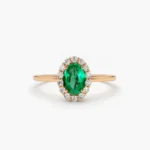 18K Solid Gold Oval Cut Emerald Halo Diamond Ring - 图片 3