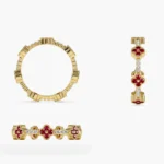 18K Solid Gold Full Eternity Clover Ruby and Diamond Ring - 图片 4