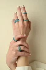 14K Solid Gold Round Turquoise Half Eternity Band Ring - Image 8