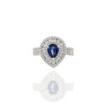 14K Solid Gold Pear Shaped Blue Sapphire and Diamond Ring - 图片 2