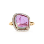 18K Solid Gold Sliced Watermelon Tourmaline Ring With Diamond Surround - 图片 2