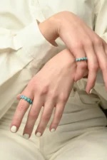 14K Solid Gold Round Turquoise Half Eternity Band Ring - Image 7