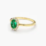 18K Solid Gold Oval Cut Emerald Halo Diamond Ring - 图片 6