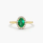 18K Solid Gold Oval Cut Emerald Halo Diamond Ring - 图片 7