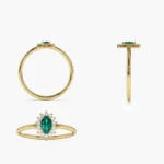 18K Solid Gold Emerald with Halo Diamonds Ring - 图片 8