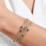 18k Solid Gold Cuban Link Bracelet with  Bezel Setting Garnet Bangel - 图片 3