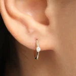 14K Solid Gold Single Bezel Set Diamond Hoops - Image 2