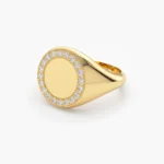 18k Gold Natural Diamond Round Signet Ring - 图片 3