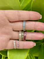 14K Solid Gold Graduated Moissanite Diamond And Pink Sapphire Open Wrap Ring - Image 4