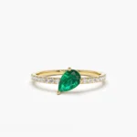 18K Solid Gold Slanted Pear Shape Emerald Ring with Pave Diamonds - Image 3