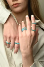 14K Solid Gold Round Turquoise Half Eternity Band Ring - Image 3