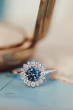 18K Solid Gold The Seine .84 ct Round Blue Montana Sapphire with .31 ct Halo Ring