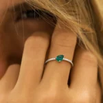 18K Solid Gold Slanted Pear Shape Emerald Ring with Pave Diamonds - Image 2