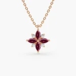 18k Solid Gold Floral Design Marquise Ruby and Diamond Pendant