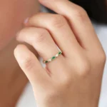 14K Solid Gold  Marquise Emerald and Diamond Wedding Band - Image 6