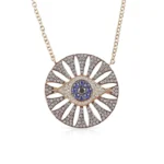 18k Solid Gold Diamond And Sapphire Evil Eye Cutout Medallion Necklace