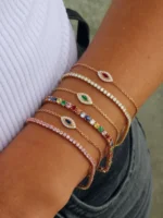 14K Solid Gold Ruby Evil Eye Chain Bracelet - Image 2