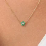 18k Solid Gold Emerald and Diamond Flower Charm Necklace - Image 2