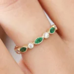 14K Solid Gold  Marquise Emerald and Diamond Wedding Band - Image 8