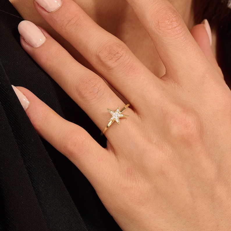ed1c22_1c9e1737c6894cc986ab1c3ba47162cdmv2.png 14k Solid Gold Pave Natural Diamond Star Ring: Dainty Celestial Statement Ring for Women - Image 1