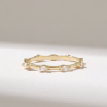 Natural Diamond Bamboo Ring: 14k Solid Gold Stacking Ring for Women, Pave Bone Design - Image 2