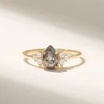 18k Gold Vintage Pear Salt and Pepper Diamond Engagement Ring, Solid Gold Ring