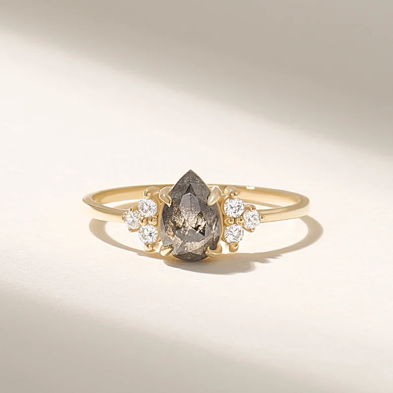 ed1c22_3da8d9482988477194d03c90e5ff4076mv2.webp 18k Gold Vintage Pear Salt and Pepper Diamond Engagement Ring, Solid Gold Ring - Image 1