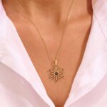 14k Gold Black Natural Diamond Starburst Necklace: Unique North Star Pendant